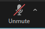 Unmute button showing a microphone with a red line through it to indicate the microphone is not enabled. There is an arrow to the right to allow accessing additional sound settings.