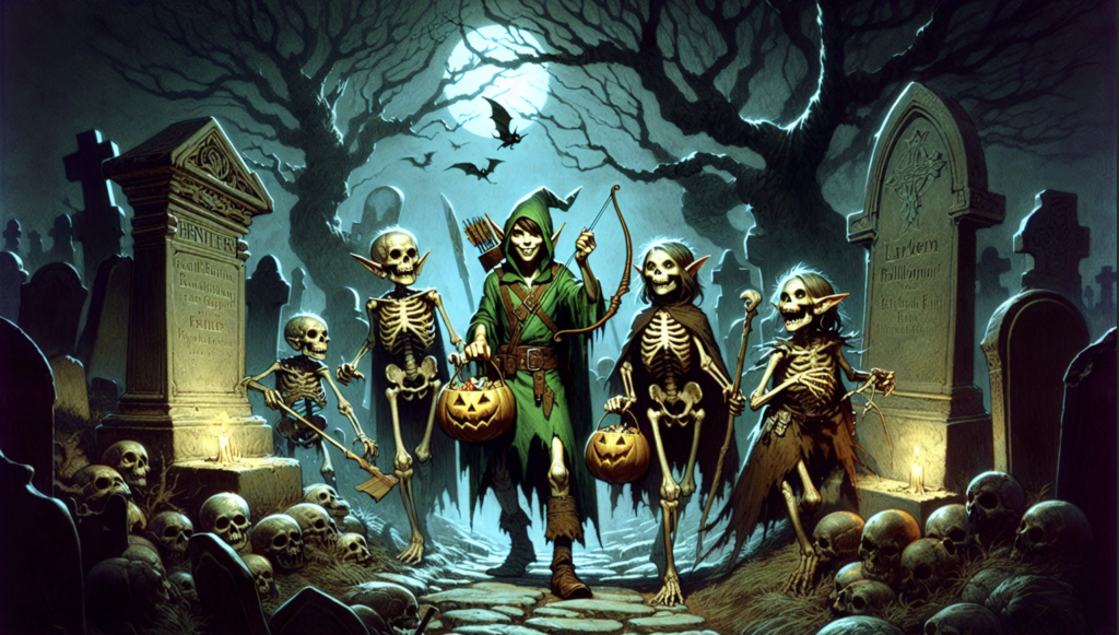 A mischievous-looking elf dressed in green and carrying a bow leads a group of skeleton children trick-or-treating in a spooky graveyard under a full moon.