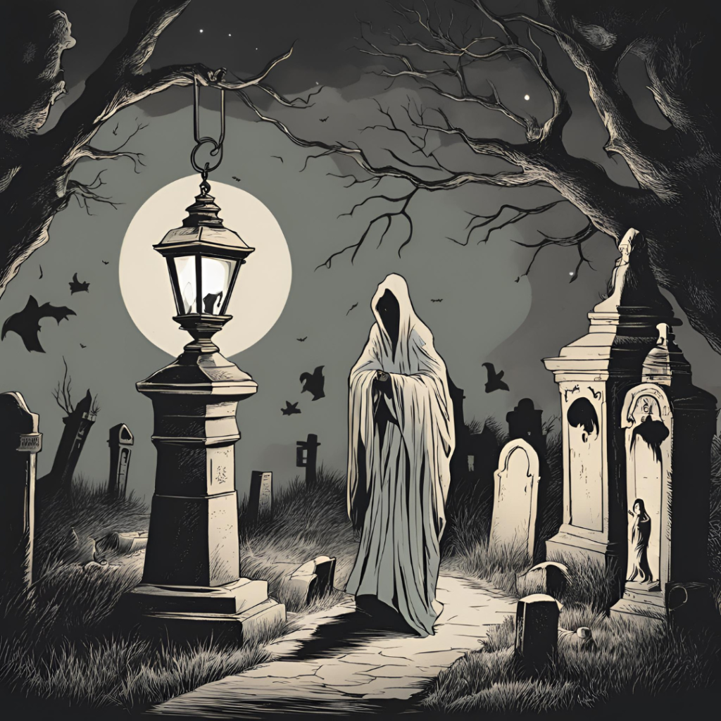 A cloaked figure with a hooded head walks through a dimly lit graveyard at night. A streetlamp casts a warm glow, and bats fly overhead. Tombstones and crypts line the path.