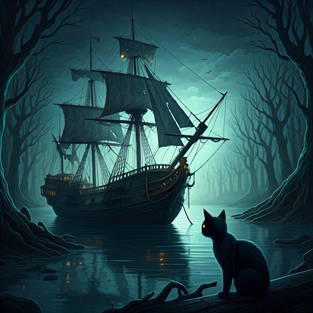 A weathered, old sailing ship with glowing windows sits in a dark, foggy river. A black cat watches from a nearby tree branch.