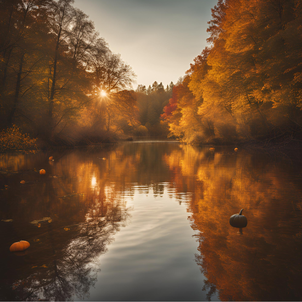 A serene lake reflecting the warm colors of autumn trees. Pumpkins float on the water's surface, and the sun shines through the trees.