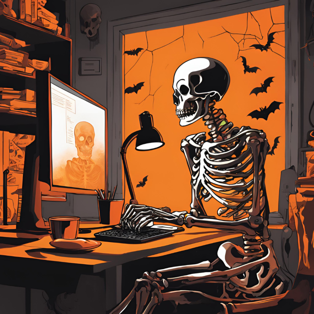 A skeleton sits at a desk, typing on a keyboard. A computer screen shows a skull image. Bats fly outside a window with an orange background.