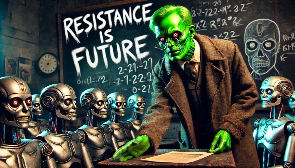 A zombie-like figure with green skin and glasses, wearing a suit and tie, stands in front of a chalkboard with the phrase "RESISTANCE IS FUTURE" written in chalk. A row of robotic students with red glowing eyes sit at desks in a classroom setting.