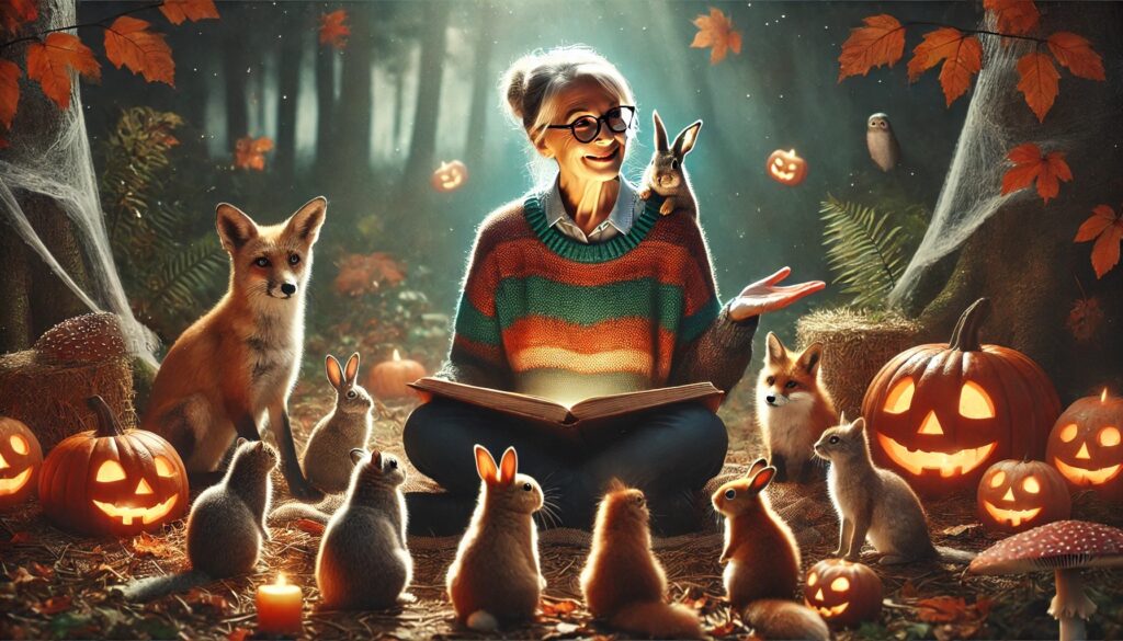 old lady sitting down in a forest reading a book surrounded by rabbits, foxes, and jack o lanterns