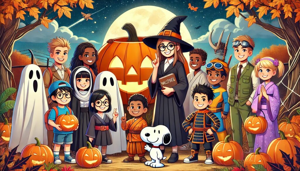 snoopy and a group of children dressed in up costumes in front of a large jack o lantern