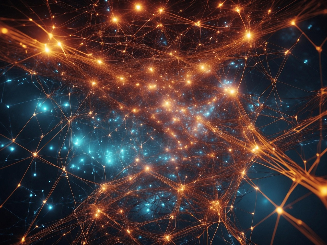 Abstract digital network of glowing orange and blue nodes connected by fine lines, resembling a neural network or data web against a dark background.