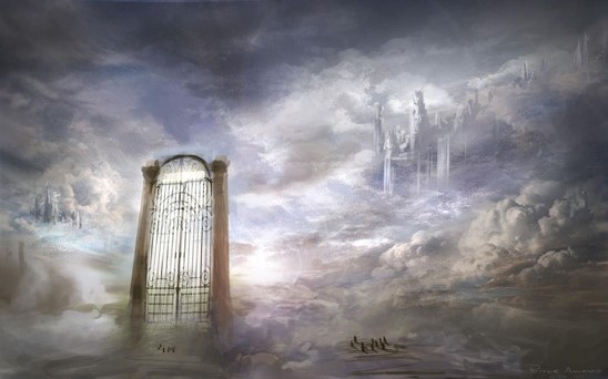 Great gates sit upon dark grey clouds but light shines through and through the gates you see the kingdom of heaven